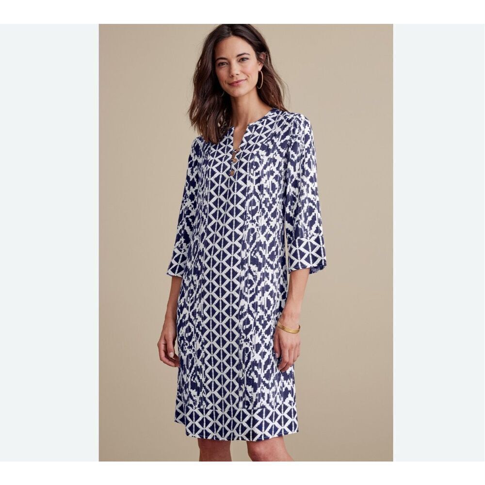 Soft Surroundings Raven Dress Women’s M Navy White Ikat 3/4 Sleeve